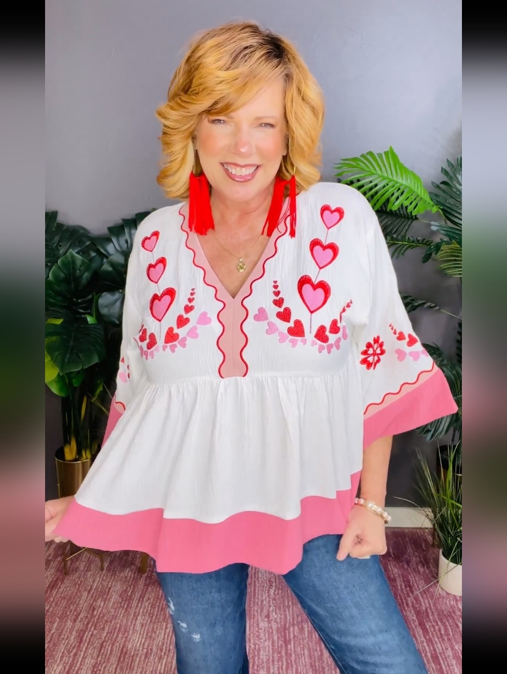 Oddi 'The Love Letter' Boutique Heart Embroidered Peasant Top - Plus Size 3X